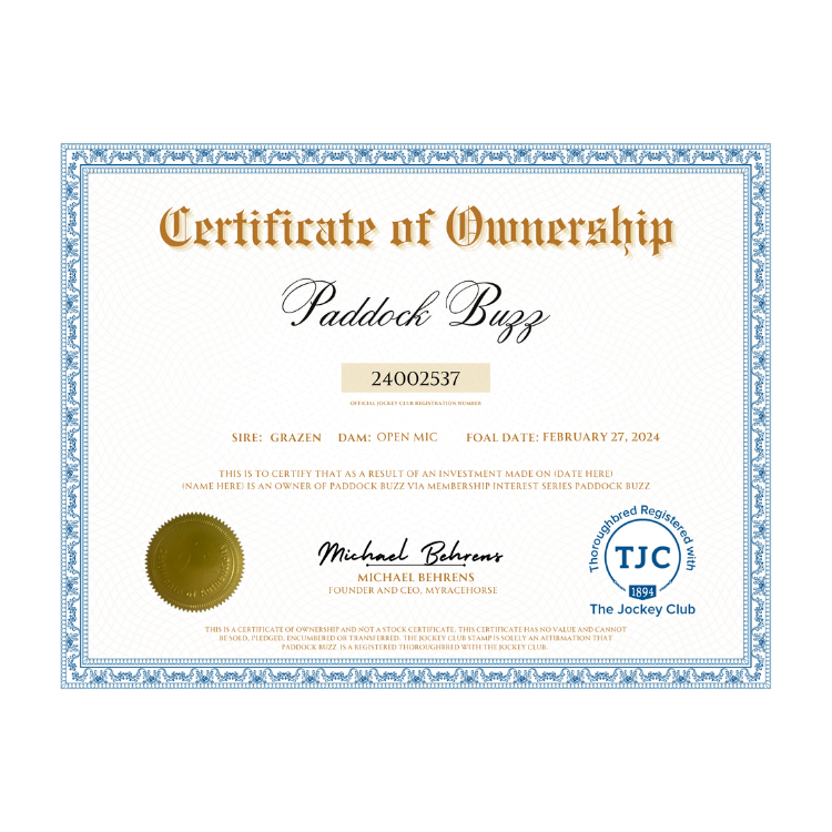 Paddock Buzz Certificate of Ownership