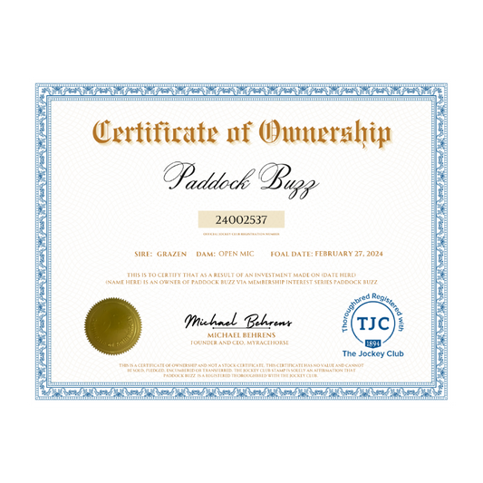 Paddock Buzz Certificate of Ownership