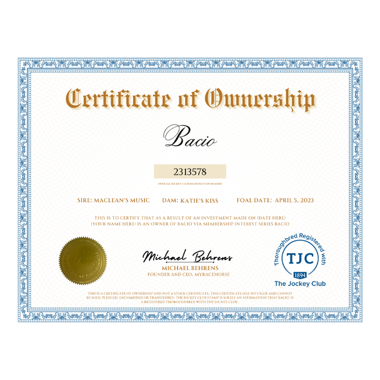 Bacio Certificate of Ownership