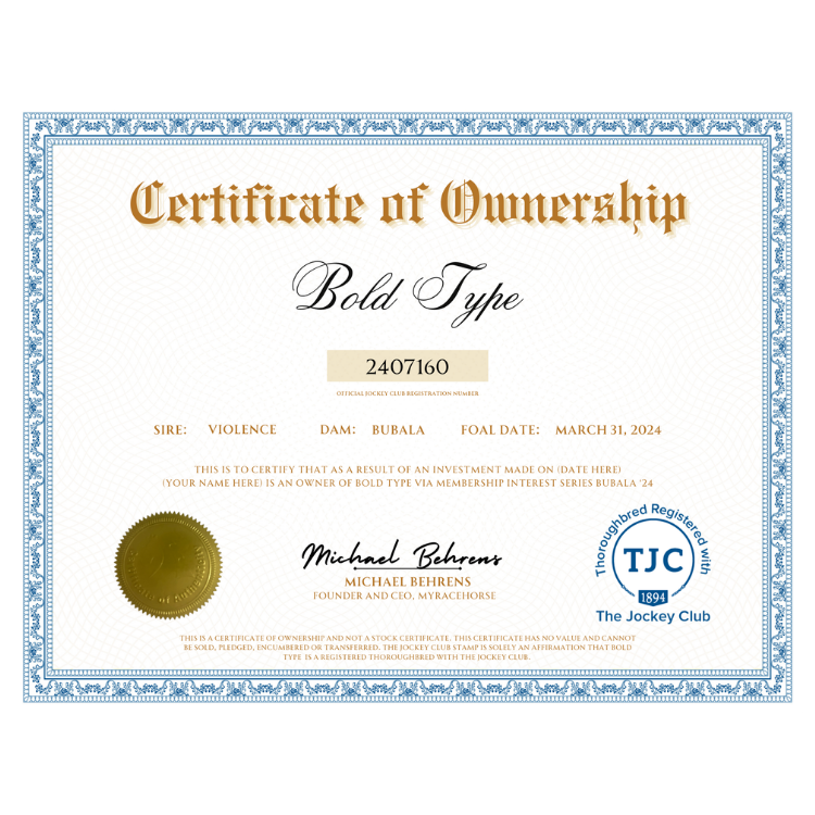 Bold Type Certificate of Ownership