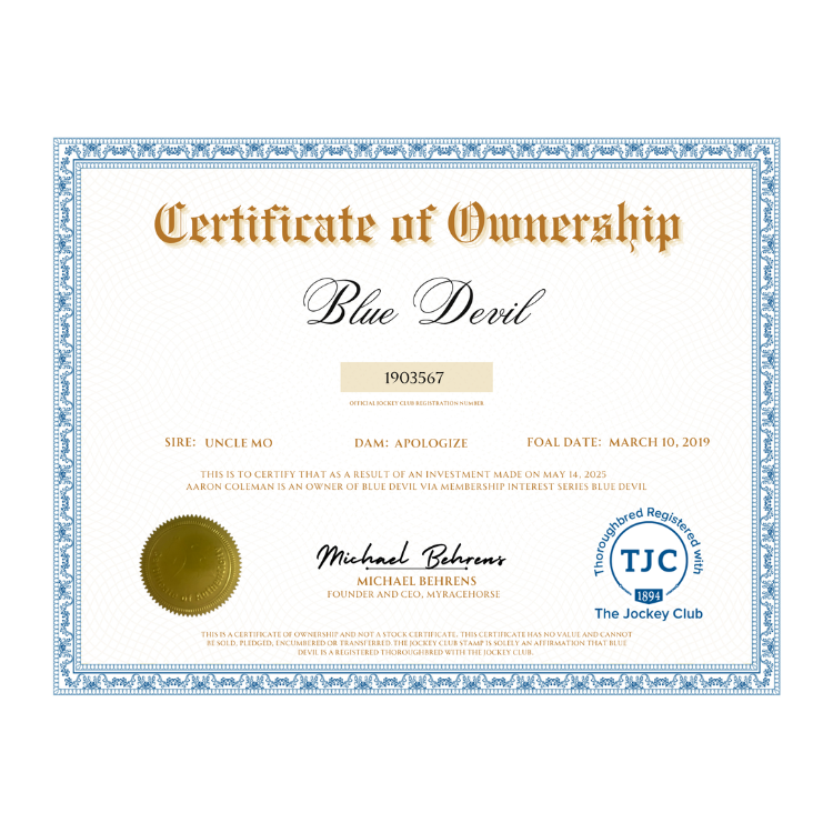 Blue Devil Certificate of Ownership – MyRacehorse Shop