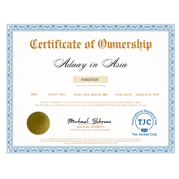 Adaay in Asia Certificate of Ownership