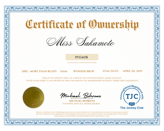 Miss Sakamoto Certificate of Ownership