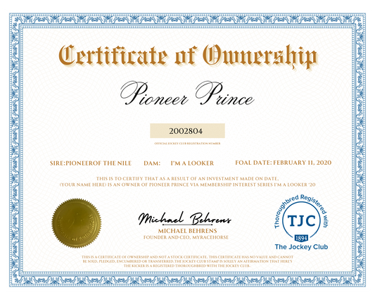 Pioneer Prince Certificate of Ownership