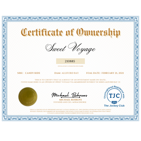 Sweet Voyage Certificate of Ownership